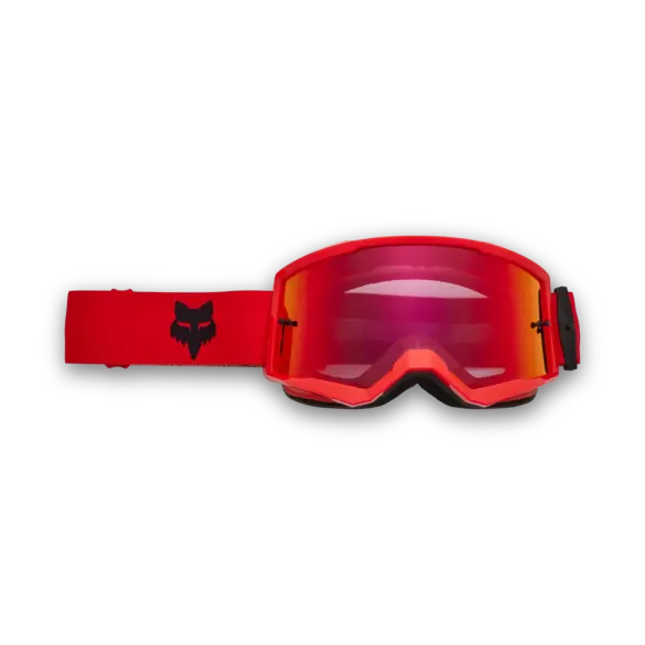 Rote Motocross-Brille mit verspiegelter Sichtscheibe und schwarzem Fuchslogo auf dem Band