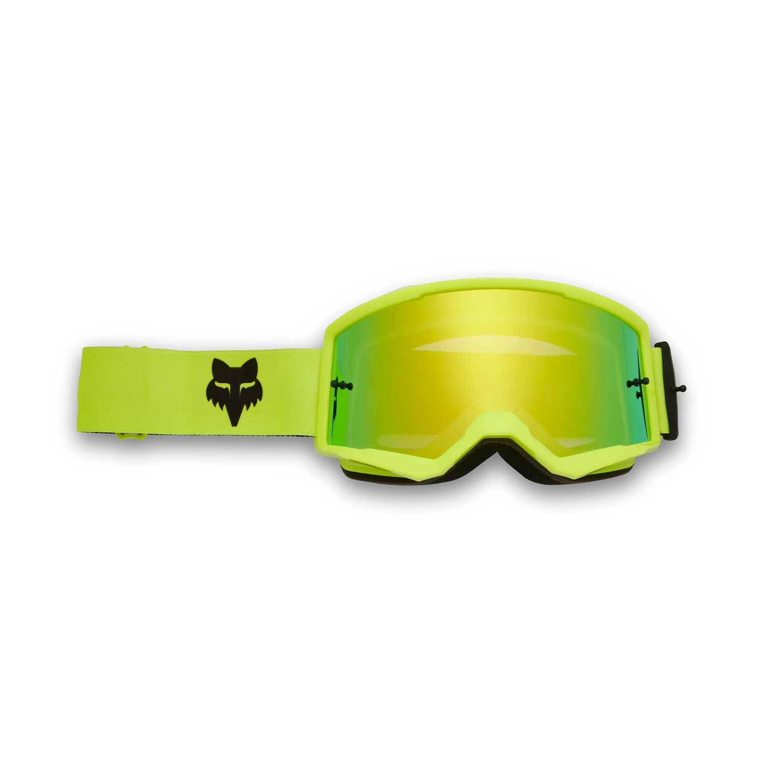 Verspiegelte Motocross-Brille Main mit neon-gelbem Rahmen und schwarzem Logo auf dem Gurt