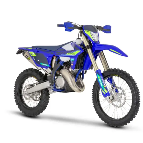 Sherco 125 SE FACTORY 2027 Enduro-Motorrad, links im Profil, blau mit gelben und grünen Akzenten