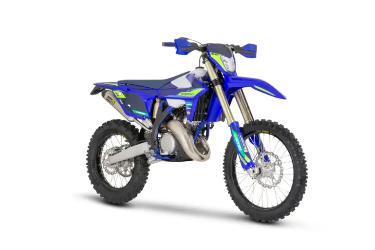 Sherco 125 SE FACTORY 2027 Enduro-Motorrad, links im Profil, blau mit gelben und grünen Akzenten