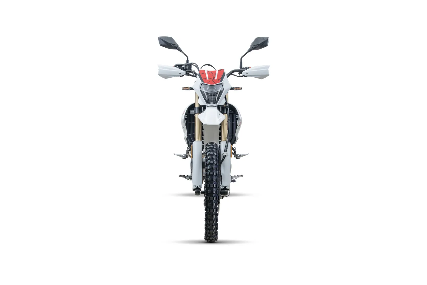 Frontalansicht der COV 125 X Enduro, ein modernes 125er-Motorrad mit Offroad-Bereifung und Handprotektoren.