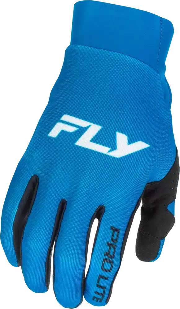 Blauer Pro Lite Motocross-Handschuh mit weißem FLY-Logo und schwarzem Schriftzug auf dem Zeigefinger