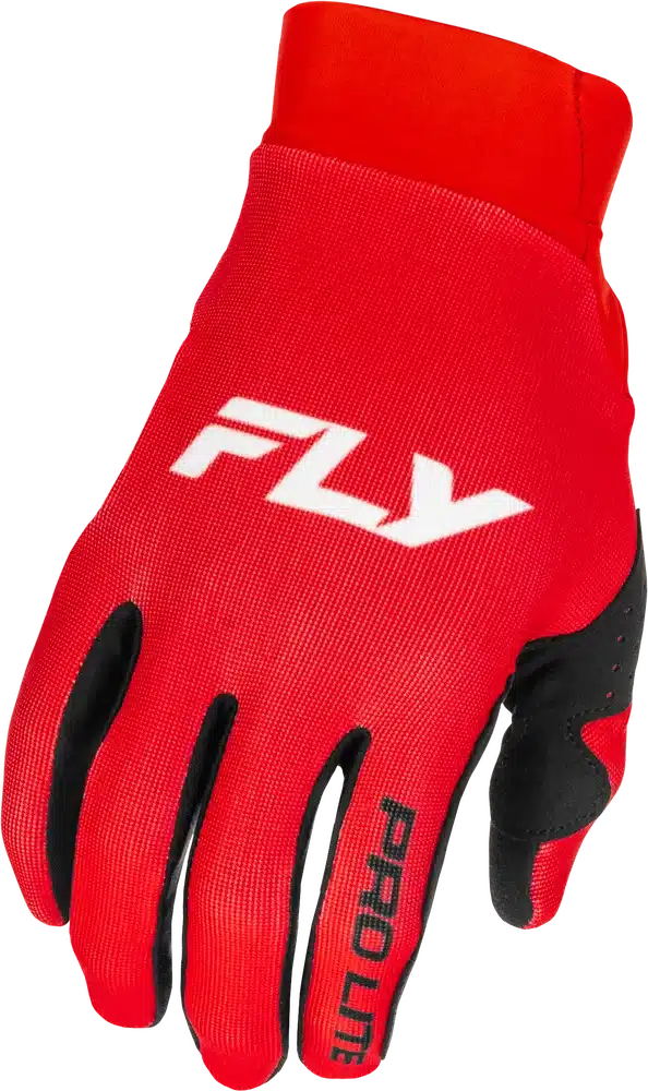 Roter FLY Racing Pro Lite Handschuh mit weißem Logo und schwarzen Einsätzen, speziell für Motocross