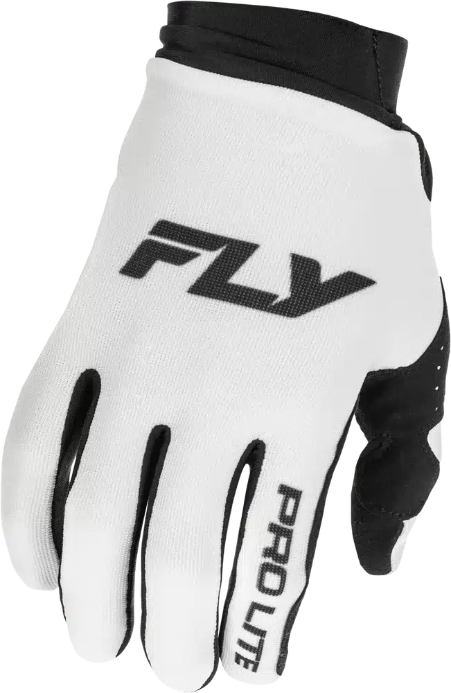 FLY Pro Lite Handschuh in Weiß mit schwarzem Logo und Schriftzug, geeignet für Motocross und Offroad.