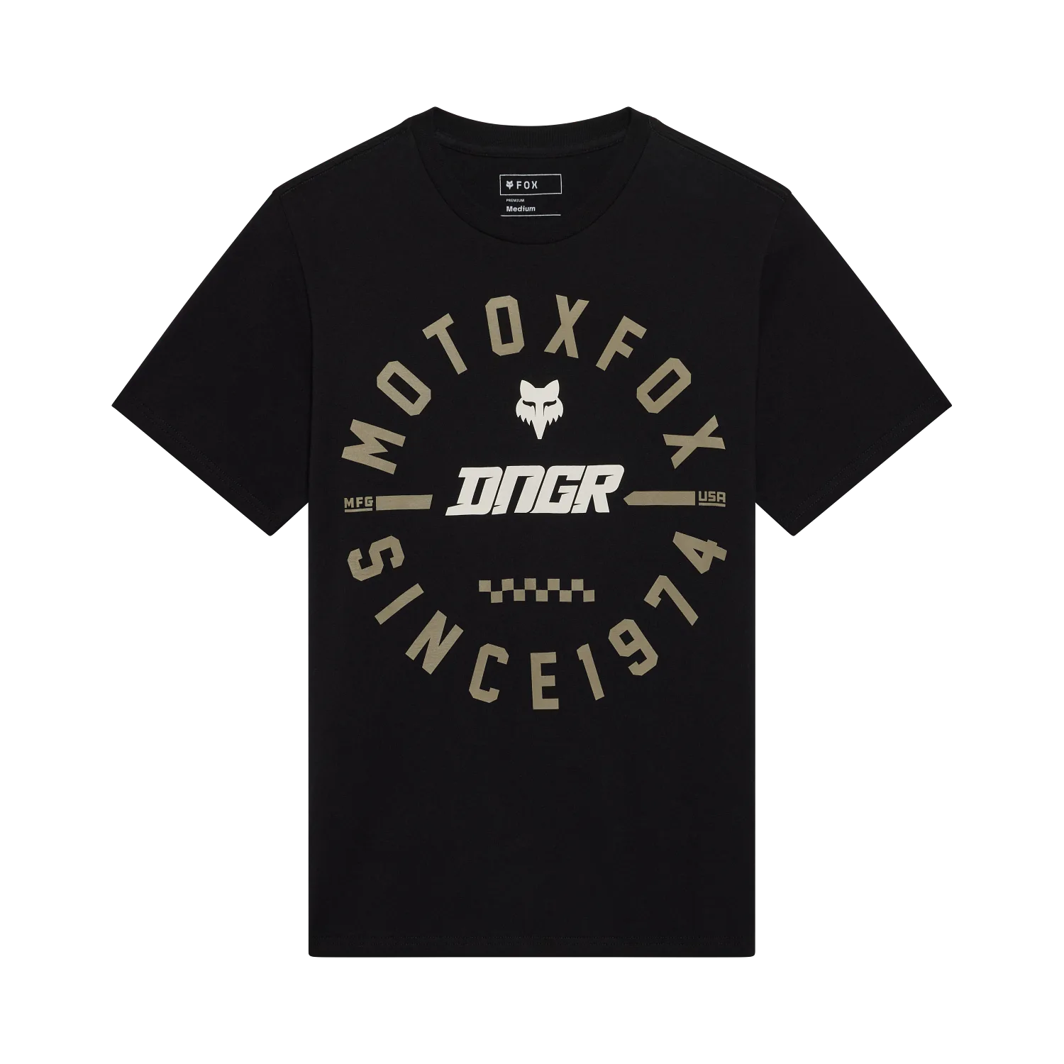 Schwarzes DNGR 195 T‑Shirt mit auffälligem Frontdruck, MOTOXFOX Schriftzug und Fox-Logo