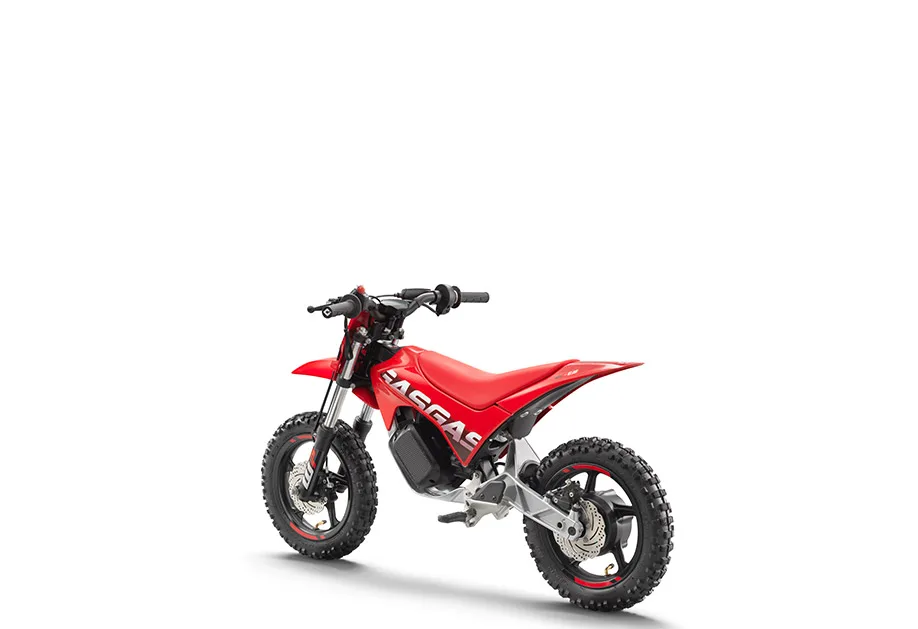 GasGas MC-E 2 Elektro-Kindermotorrad in Rot, seitliche Ansicht auf weißem Hintergrund