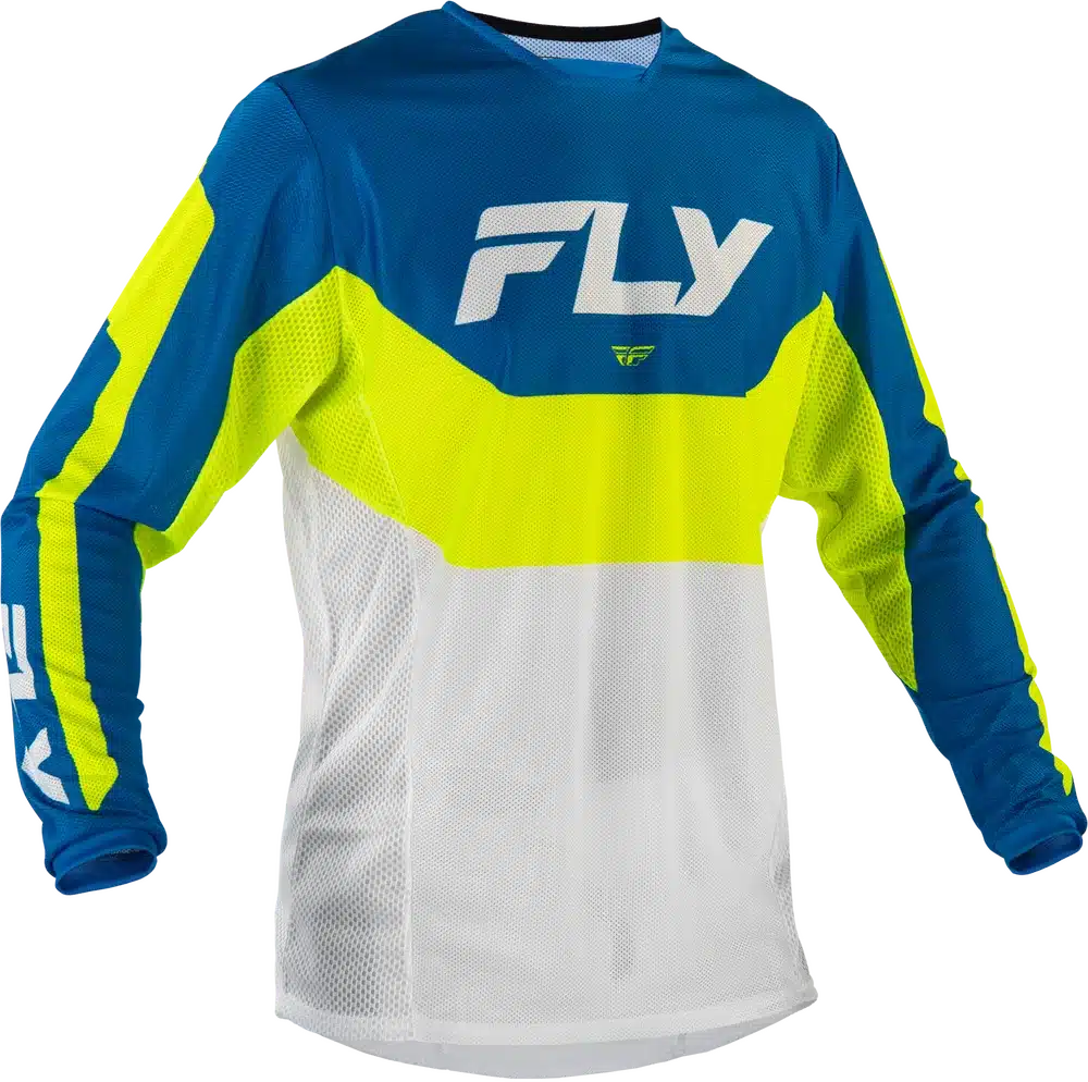 FLY Racing Kinetic Mesh Jersey in Blau, Weiß und Gelb, langärmlig, Dual-Mesh-Konstruktion