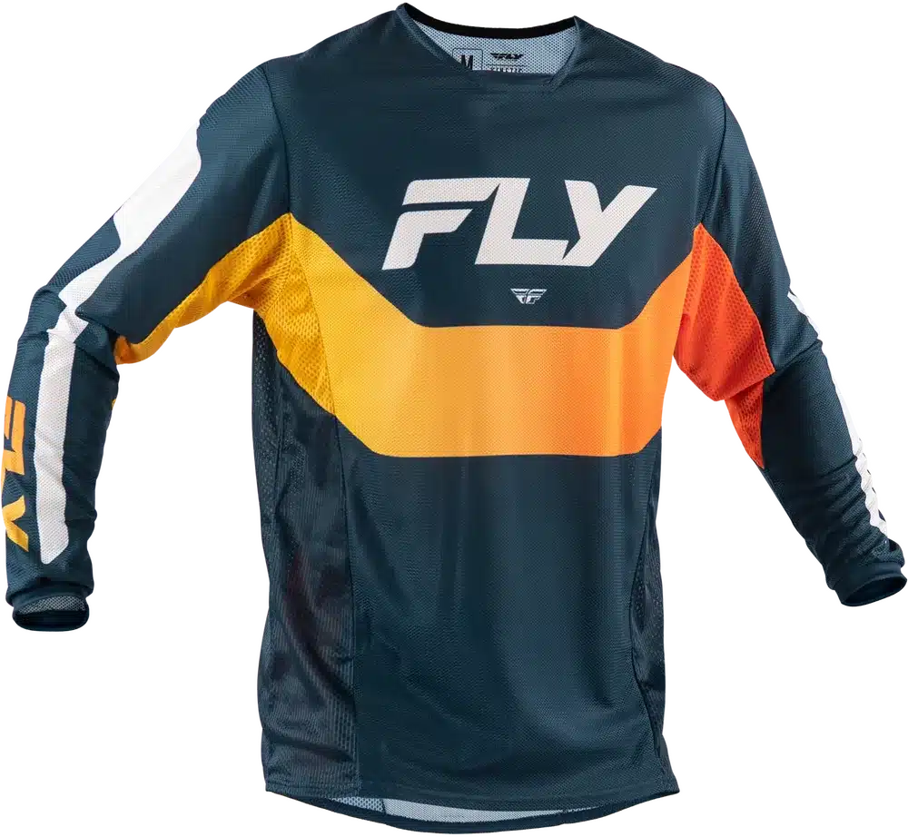 Fly Racing Kinetic Mesh Jersey in Navy/Orange mit langen Ärmeln und großem FLY-Logo auf der Brust.