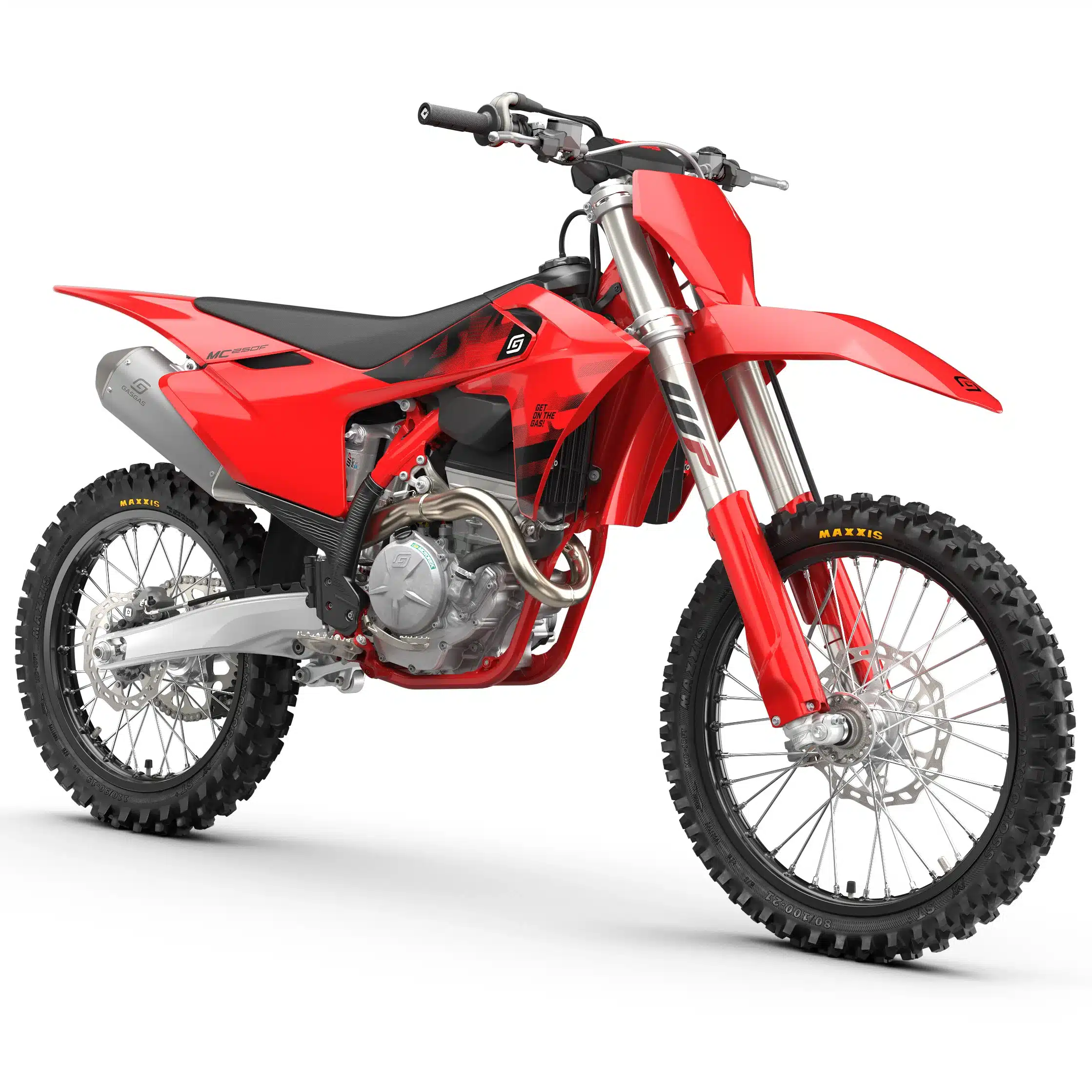Seitenansicht einer GASGAS MC 250F 2027 Motocross-Maschine in Rot mit schwarzer Sitzbank und Aluminium-Schwinge