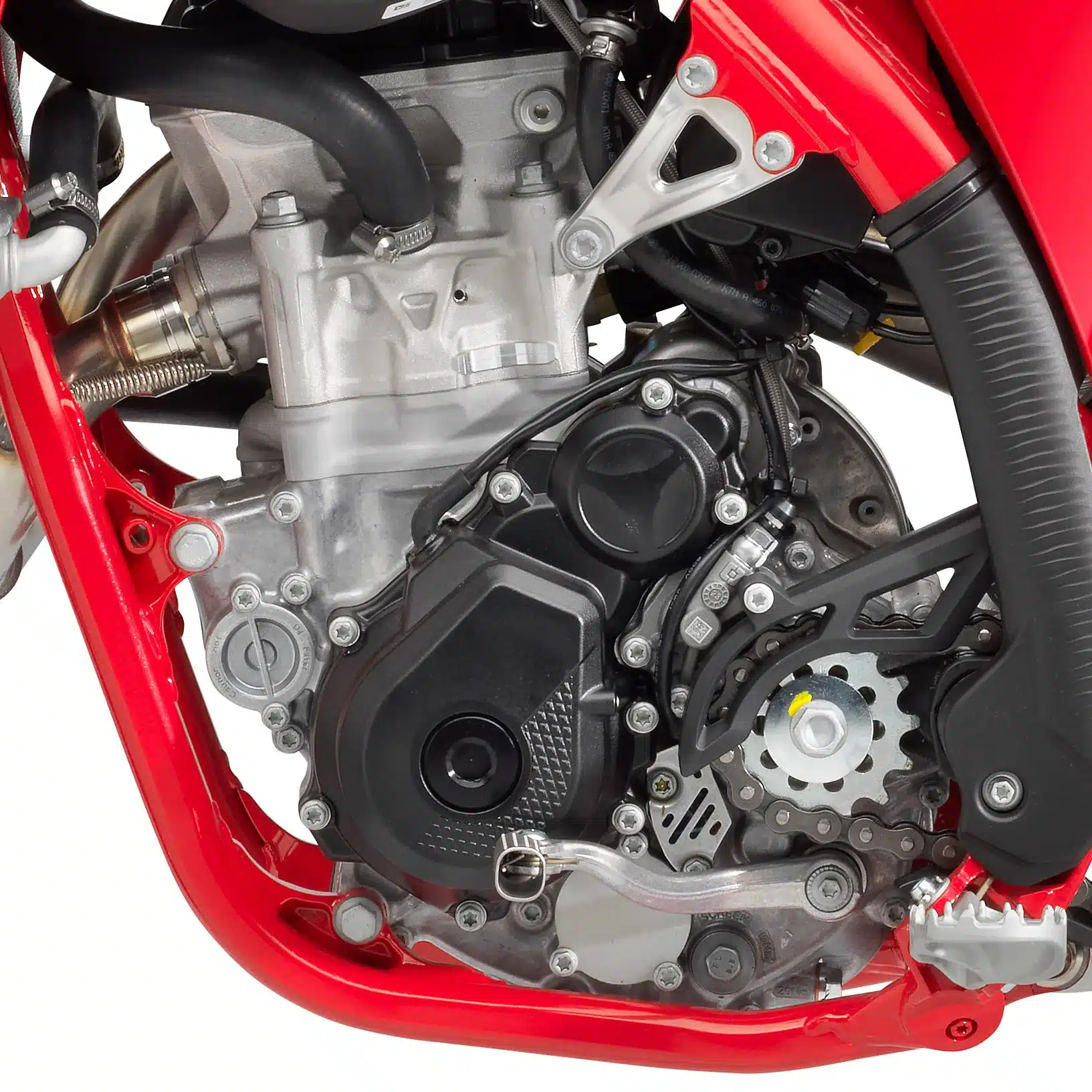 Detailansicht des Motors der GASGAS MC 250F 2027 mit Antriebseinheit und Rahmenstruktur.