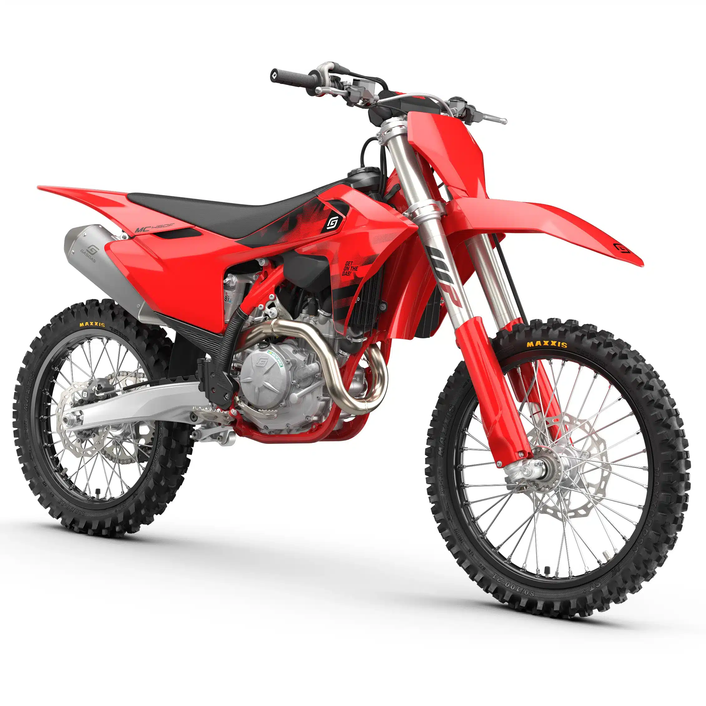 GASGAS MC 450F in Seitenansicht, rot-schwarzes Motocross-Motorrad auf weißem Hintergrund.