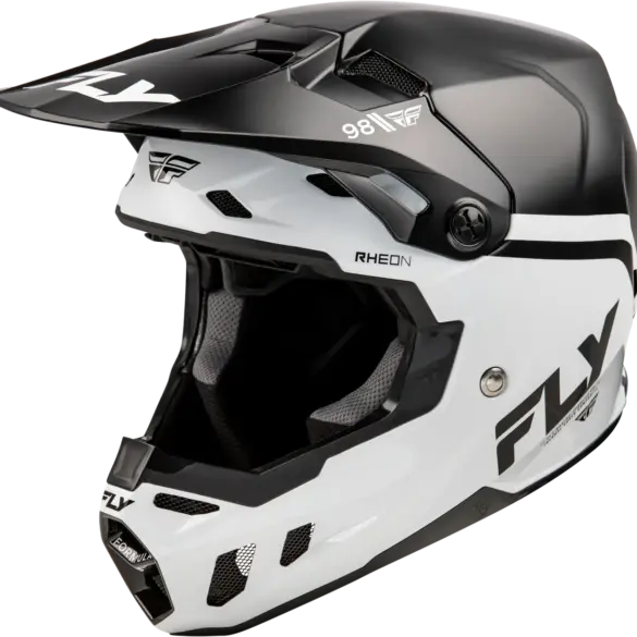 Schwarz-weißer Formula CC Objective Helm von FLY Racing in Seitenansicht mit Belüftungsöffnungen und Visier.