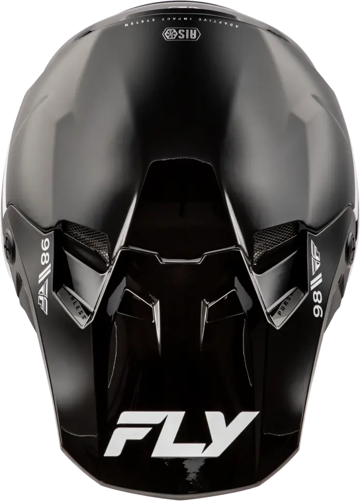Rückansicht des schwarzen Formula CC Objective Helms von FLY Racing mit Lüftungsöffnungen und weißem Logo.