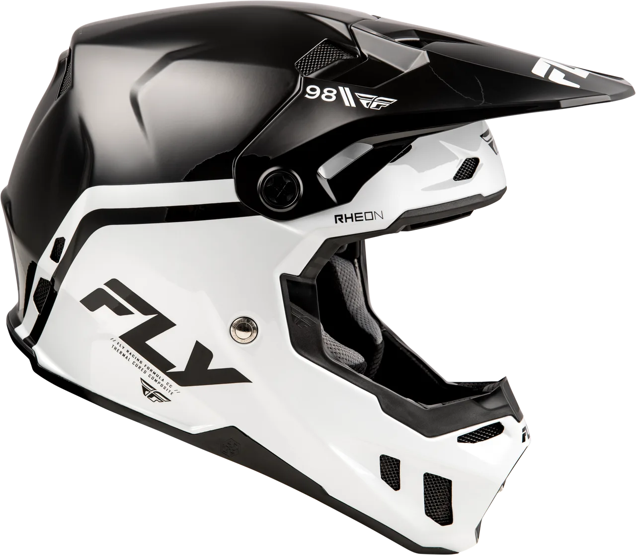 Schwarzer und weißer FLY Racing Formula CC Objective Motocross-Helm in Seitenansicht