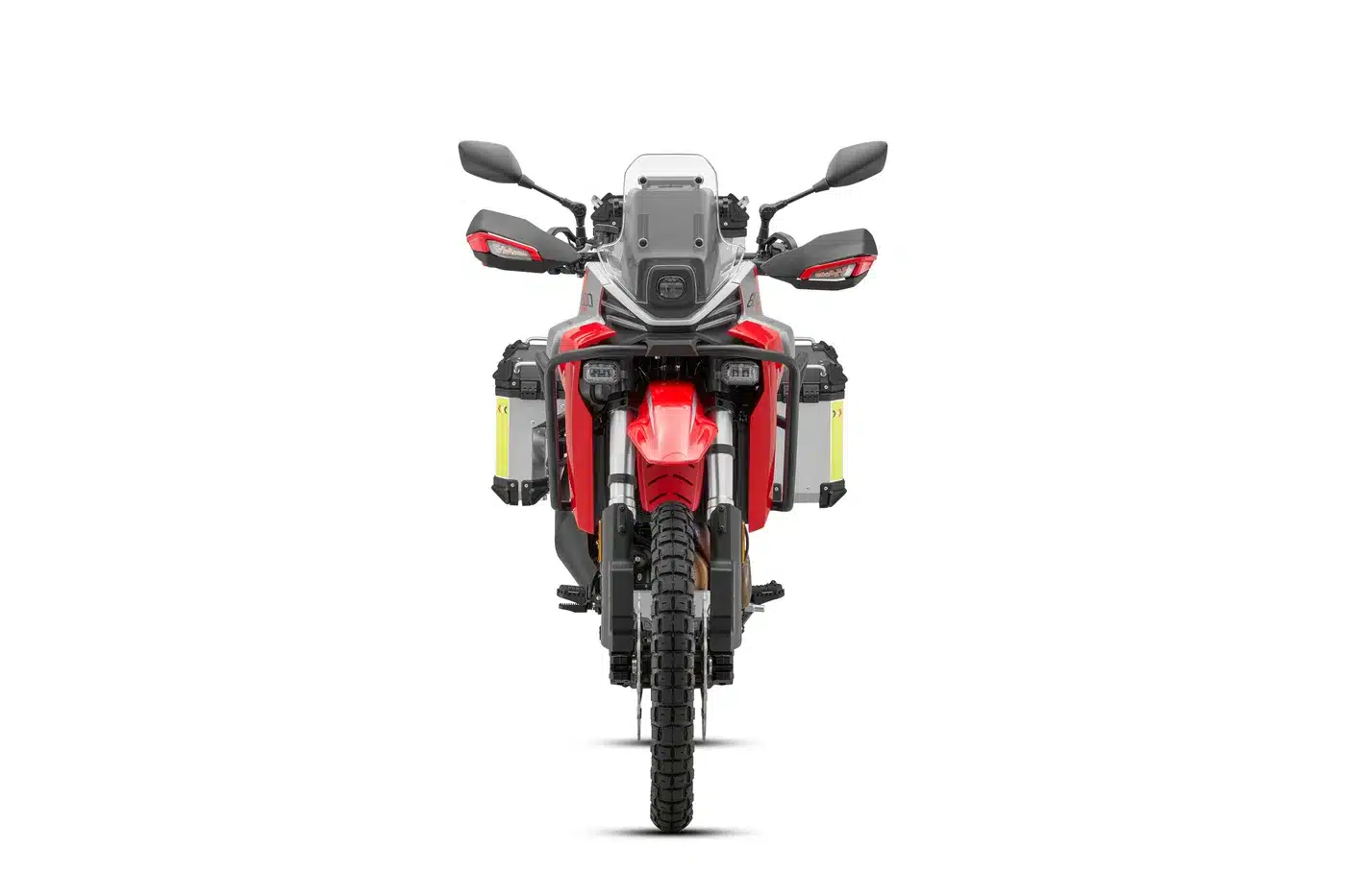 Frontaufnahme der SRT 800 RX, einer Adventure Enduro mit Koffern und Schutzbügeln