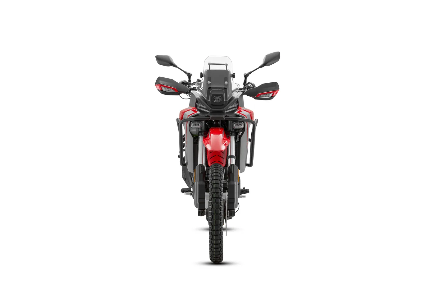Adventure-Motorrad QJ Motor SRT 450 RX von vorn mit hoher Scheibe, Schutzbügel und Offroad-Bereifung