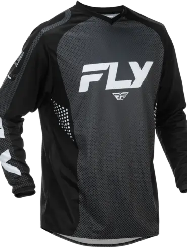 Schwarzes F-16 Jersey von FLY Racing mit weißen Logos und technischen Details
