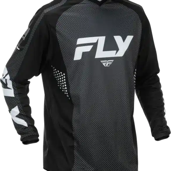 Schwarzes F-16 Jersey von FLY Racing mit weißen Logos und technischen Details