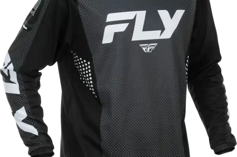 Schwarzes F-16 Jersey von FLY Racing mit weißen Logos und technischen Details
