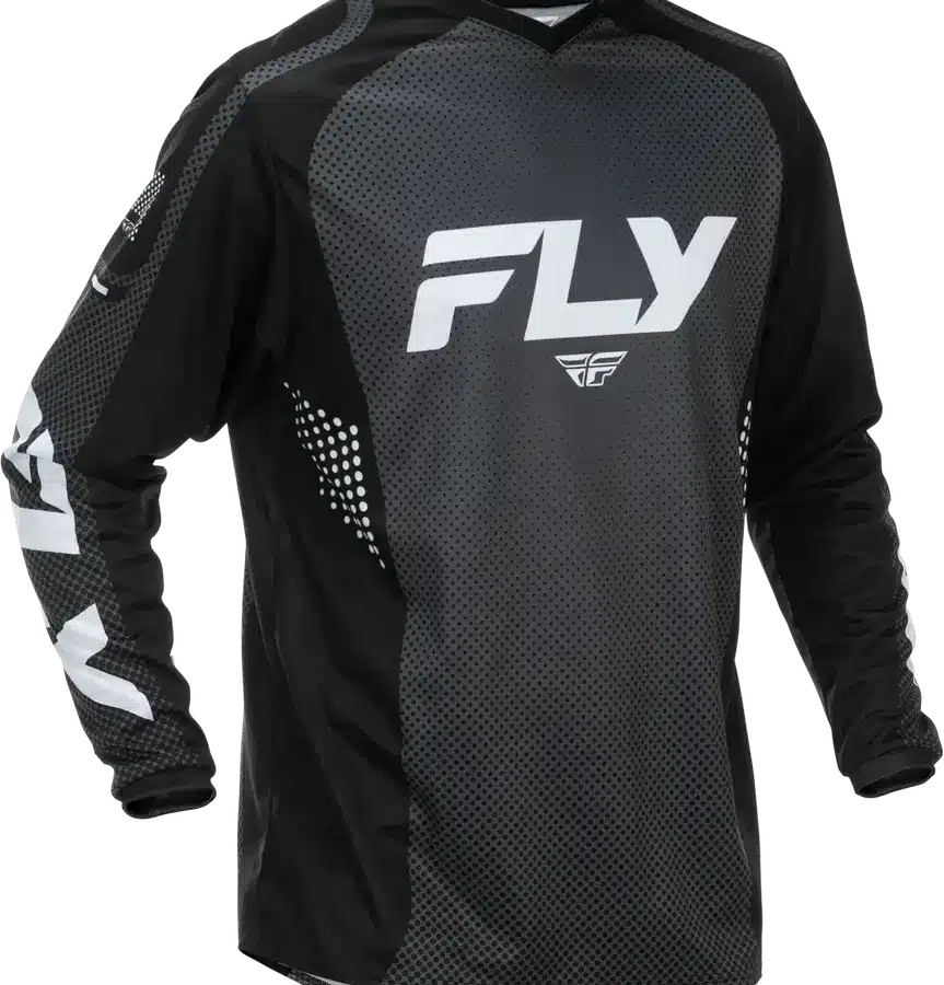 Schwarzes F-16 Jersey von FLY Racing mit weißen Logos und technischen Details