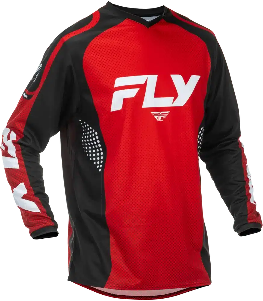 FLY Racing F-16 Jersey in Rot und Schwarz mit langen Ärmeln und sportlichem Design.