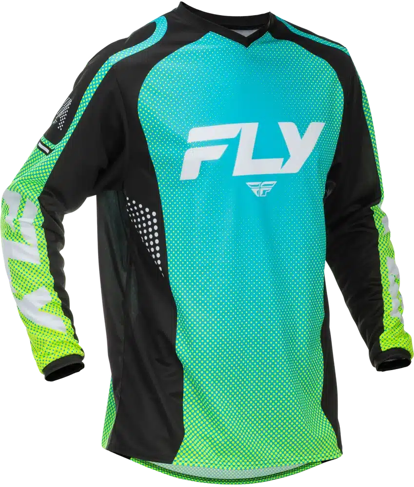 Fly Racing F-16 Jersey in Aqua/Schwarz/Weiß von vorne, mit langen Ärmeln und atmungsaktivem Material.