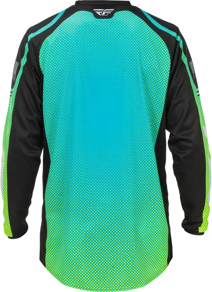 Rückansicht des F-16 Jerseys in Aqua/Schwarz/Weiß mit langem Rückenteil und atmungsaktivem Polyester.