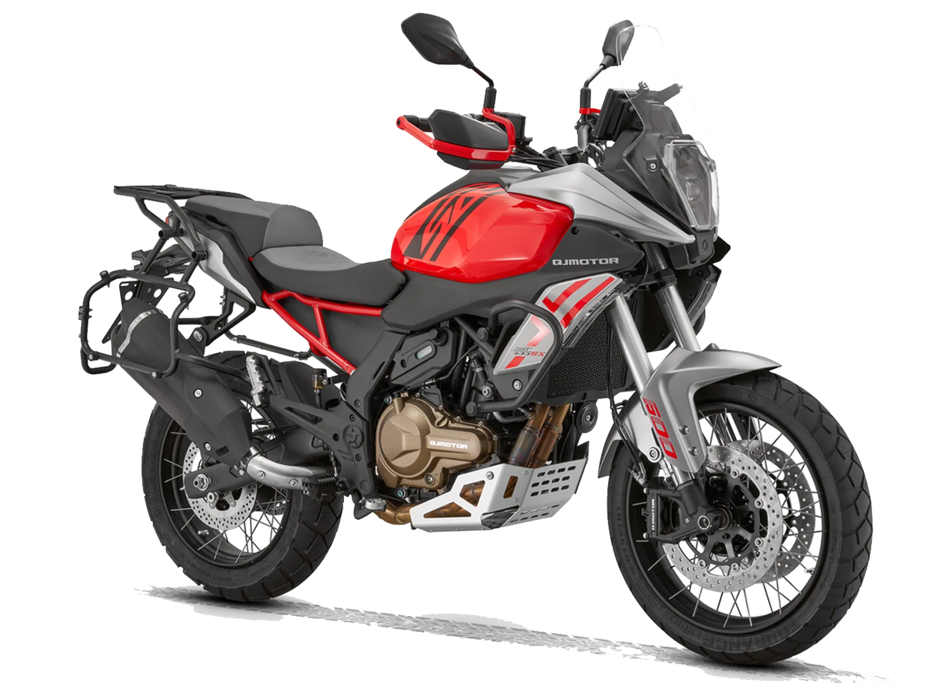 QJ Motor SRT 600 SX Motorrad in Rot/Silber, seitliche Ansicht, Adventure-Enduro-Modell