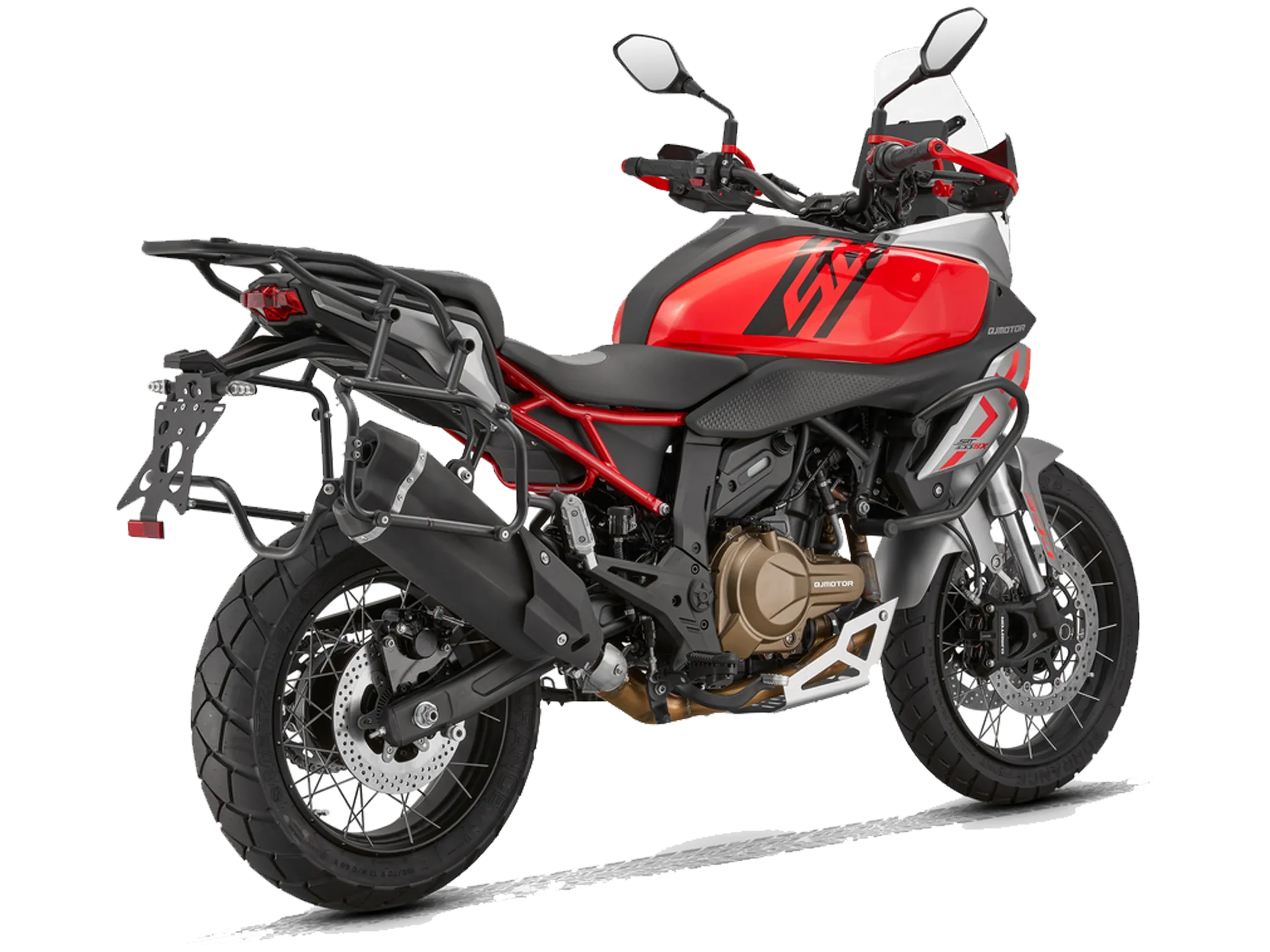 QJ Motor SRT 600 SX Motorrad in Rot/Silber von hinten schräg fotografiert