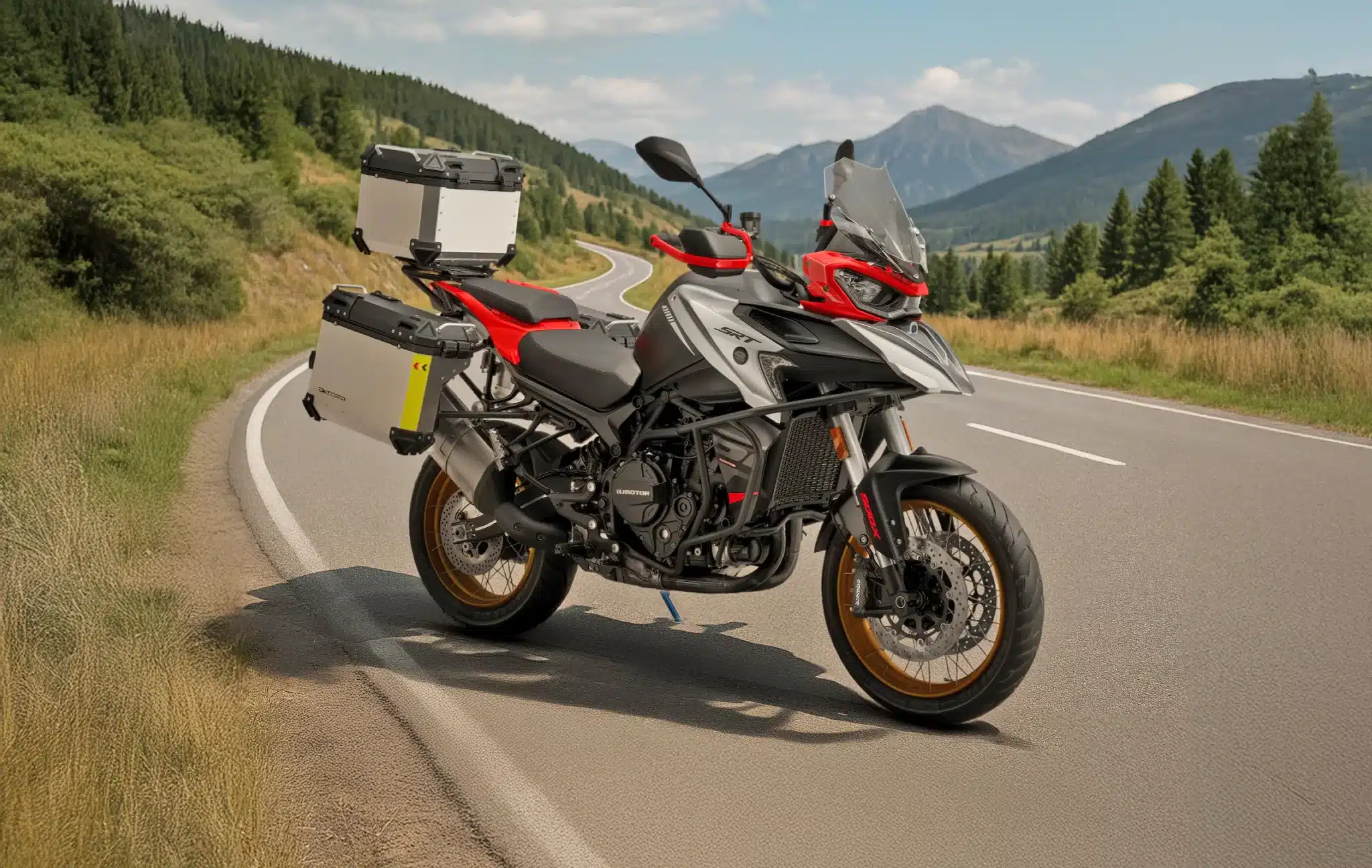 QJ Motor SRT 600 SX Reiseenduro mit Koffern auf Landstraße vor Bergkulisse.