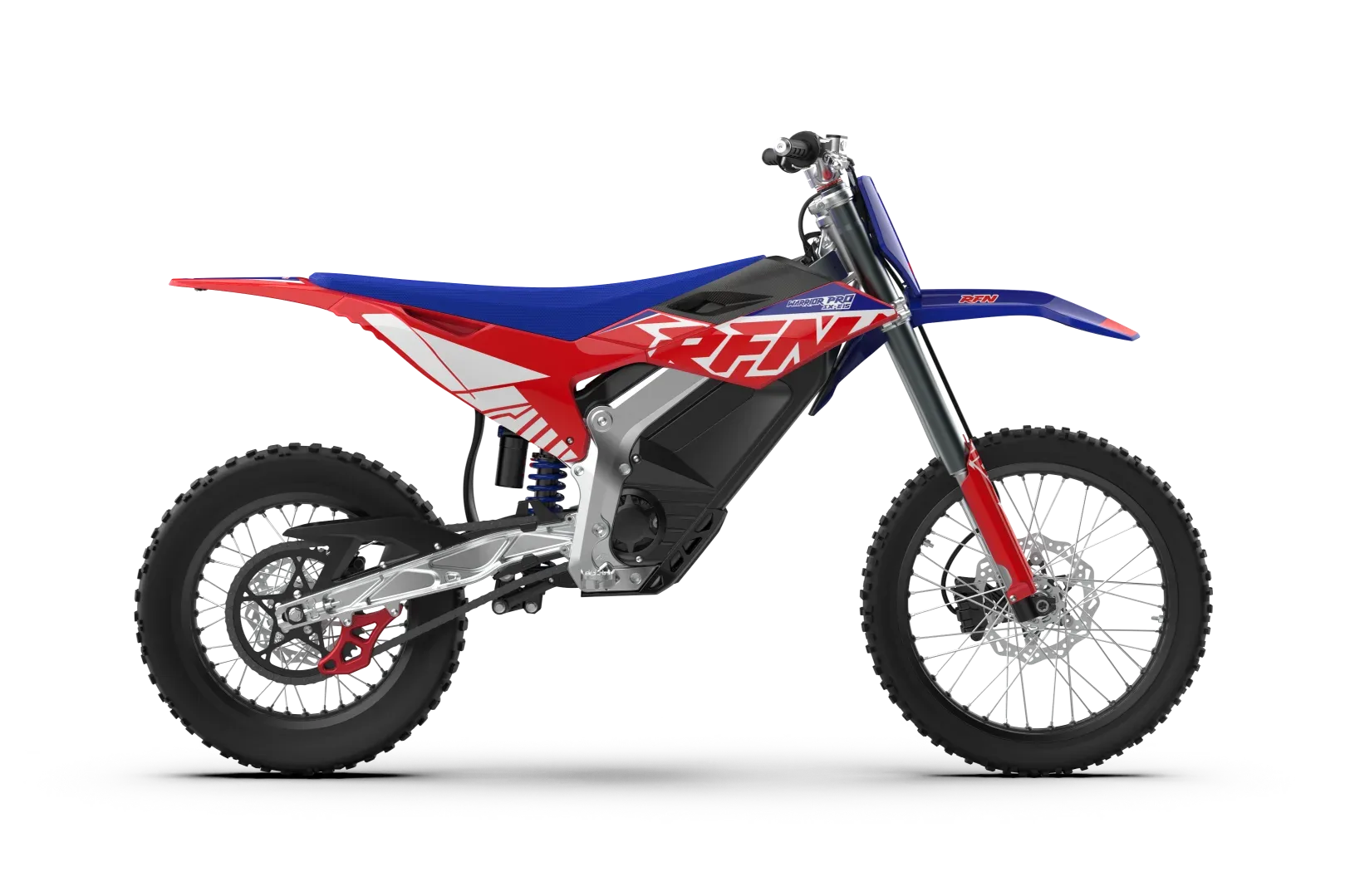 Seitliche Gesamtansicht der RFN Warrior Pro SX-E15, einem modernen elektrischen Offroad-Bike mit Aluminiumrahmen.