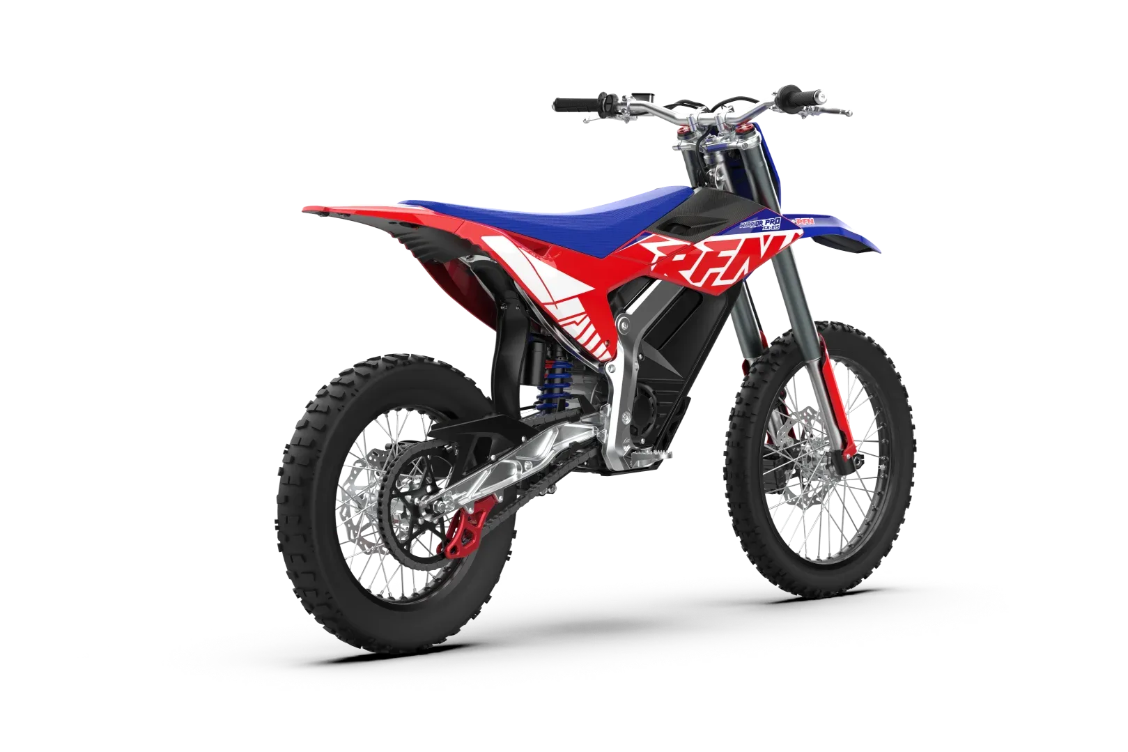 Elektrisches Offroad-Motorrad RFN Warrior Pro SX-E15 in Seitenansicht vor weißem Hintergrund