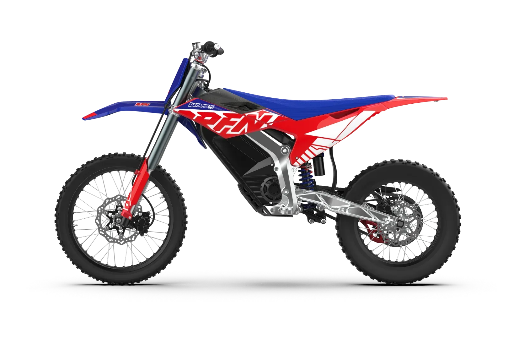 RFN Warrior Pro SX-E15 in seitlicher Ansicht, modernes Elektromotorrad im Offroad-Design.