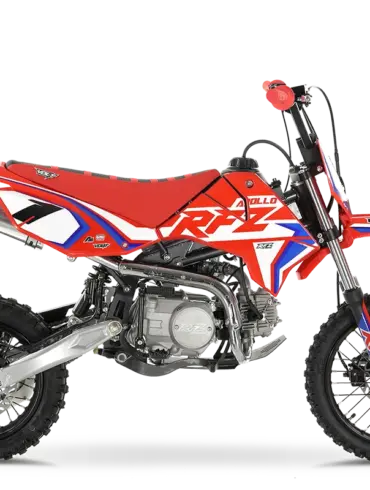 Seitenansicht der RFZ Mini Jaguar 125CC, ein rotes Offroad-Pitbike für junge Fahrer mit 125 cm³ Viertaktmotor.
