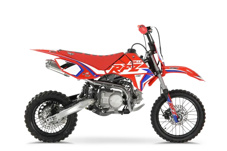 Seitenansicht der RFZ Mini Jaguar 125CC, ein rotes Offroad-Pitbike für junge Fahrer mit 125 cm³ Viertaktmotor.