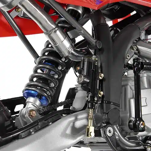 Detailaufnahme vom Chassis mit Federbein der RFZ Mini Jaguar 125CC Pitbike