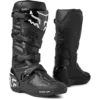 Schwarzer Motocross-Stiefel aus Mikrofaser-Kunstleder mit mehreren Schnallen und Verstärkungen an Zehen, Ferse und Schienbein.