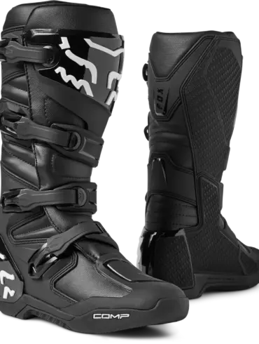 Schwarzer Motocross-Stiefel aus Mikrofaser-Kunstleder mit mehreren Schnallen und Verstärkungen an Zehen, Ferse und Schienbein.