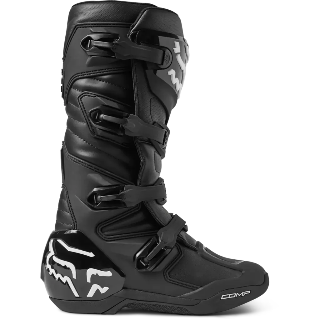 Schwarzer Motocross-Stiefel mit vier Schnallen und Profilsohle in Seitenansicht