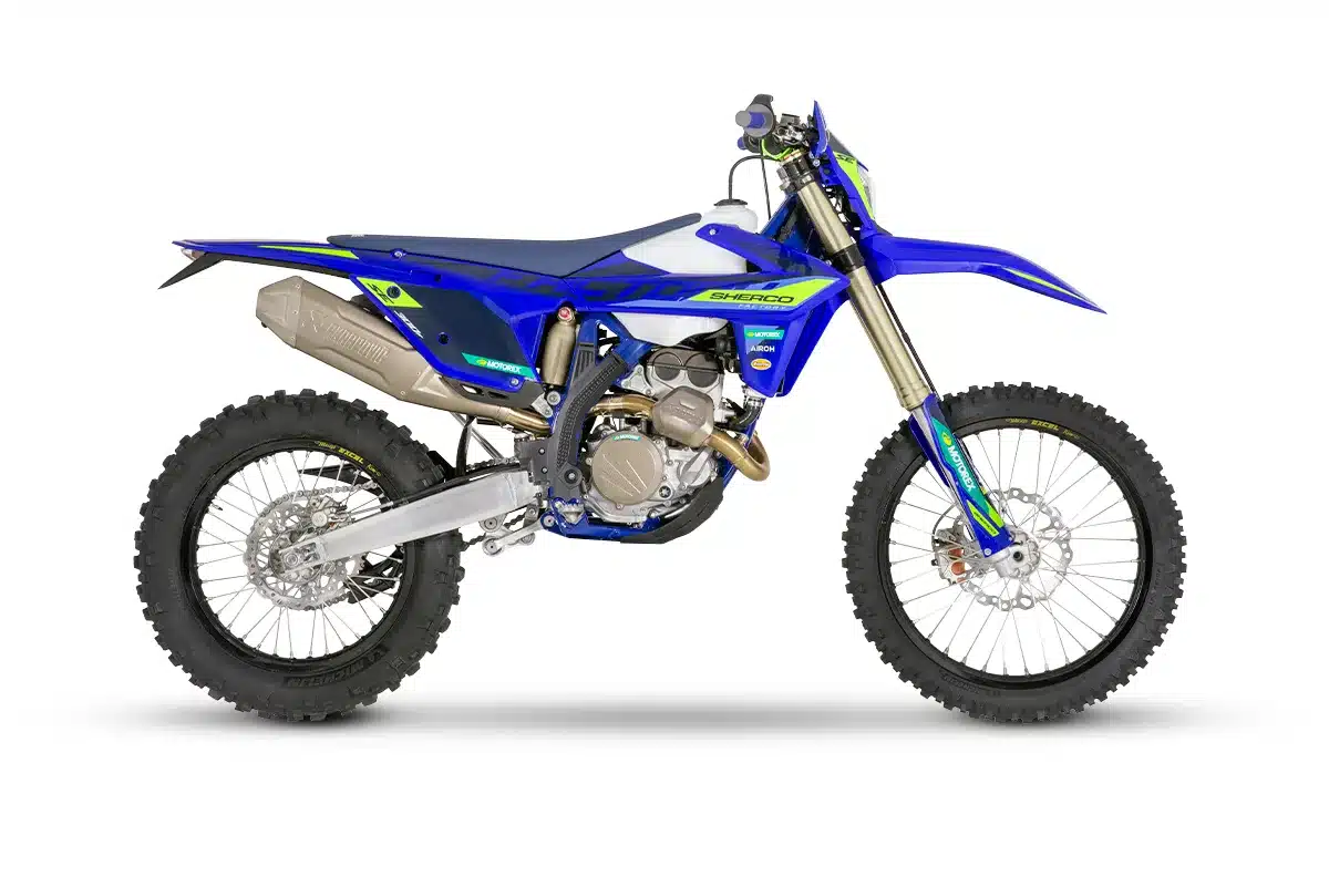 Sherco 300 SEF Factory 2027 Enduro-Motorrad Seitenansicht, Modelljahr 2027.