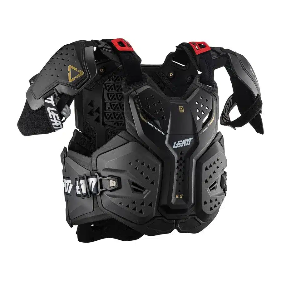 Leatt Chest Protector 6.5 Pro in Schwarz mit Schulterschutz und verstellbaren Trägern, für Motocross und Enduro geeignet.