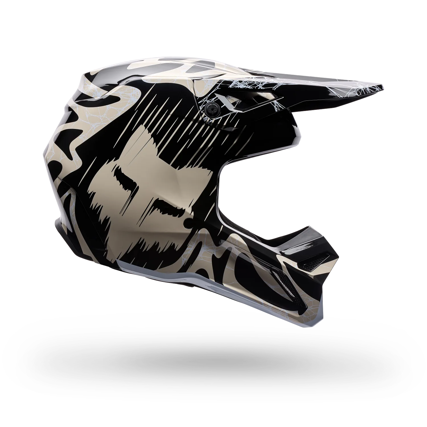 Seitliche Ansicht des V1 Diffuse Special Edition Helms in Schwarz mit auffälligen grafischen Elementen
