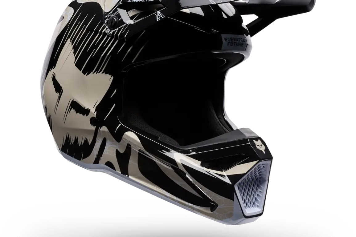 Schwarzer V1 Diffuse Special Edition Integralhelm mit verstellbarem Visier und abnehmbarer Mundschutzabdeckung.
