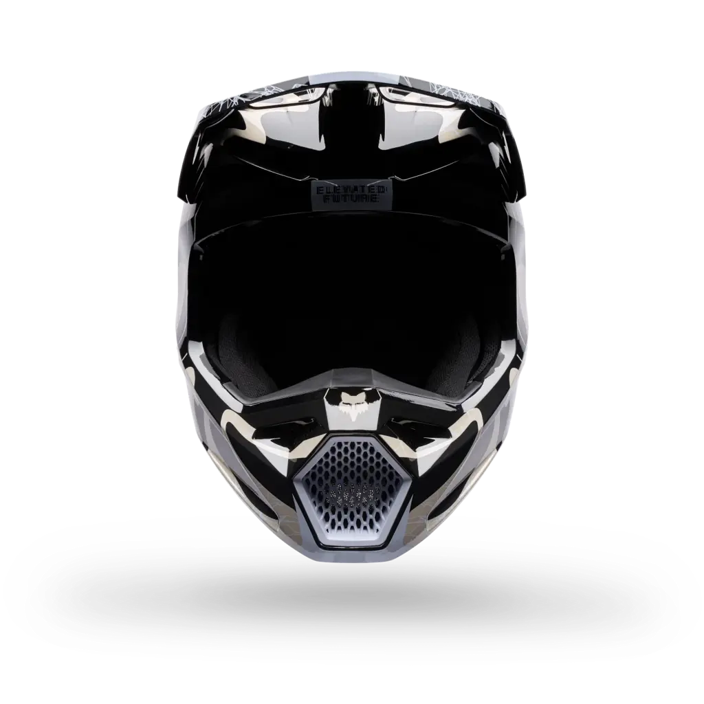 Frontansicht des V1 Diffuse Special Edition Helms mit schwarzem Design und Mundschutzabdeckung.