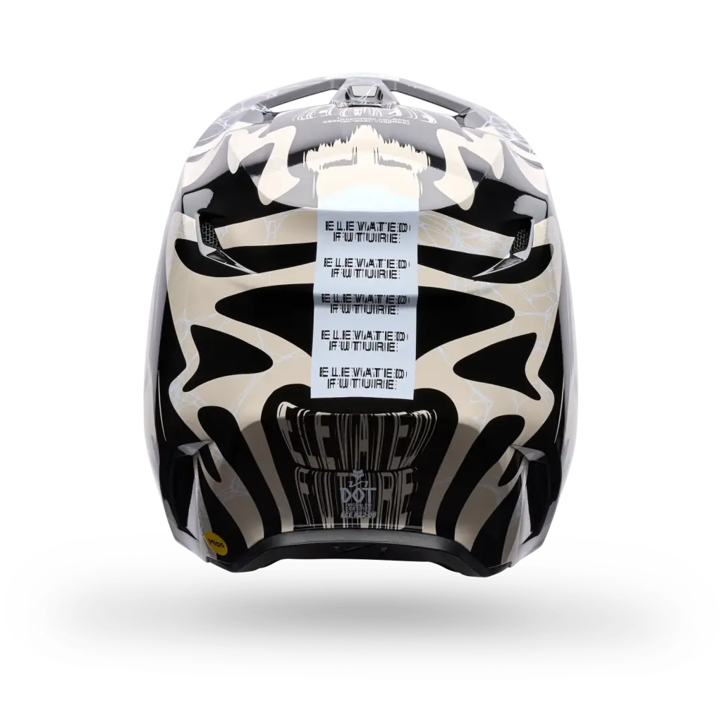 Rückansicht eines schwarz-beigen V1 Diffuse Special Edition Helms mit Schriftzug und grafischen Elementen.