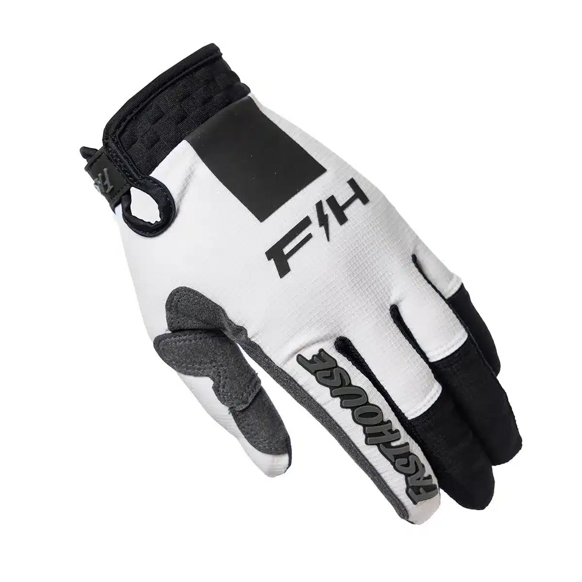 Motorradhandschuh aus 4‑Way‑Stretch‑Material mit Klettverschluss und Markenlogo, schwarz-weiß