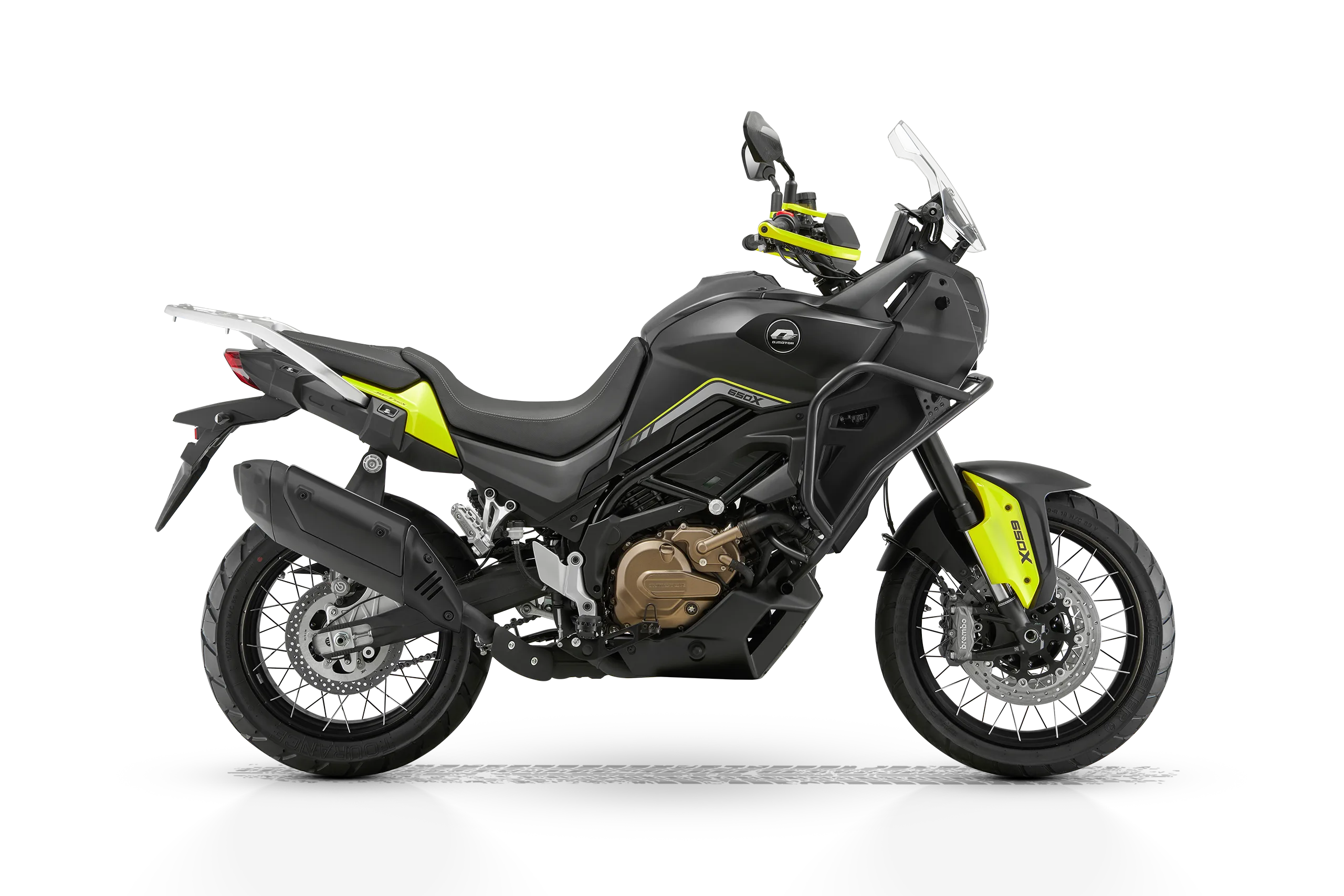 QJ Motor SVT 650 X Adventure-Bike in Seitenansicht, schwarz-graues Motorrad mit gelben Akzenten