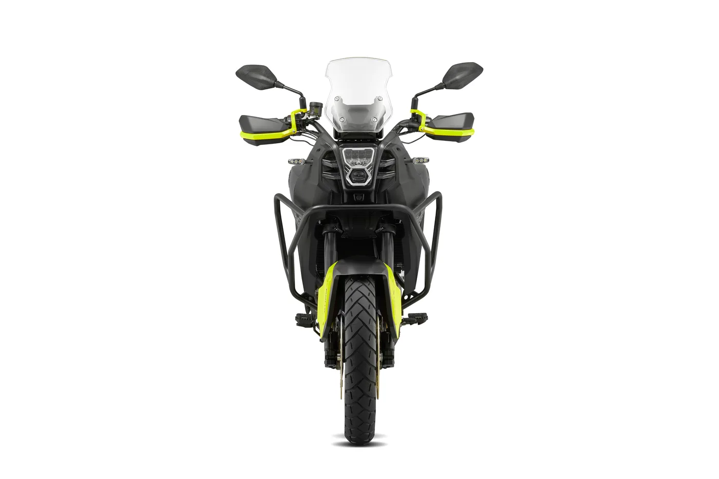Frontansicht einer SVT 650 X Adventure-Motorrads mit Windschutz und seitlichen Handprotektoren.