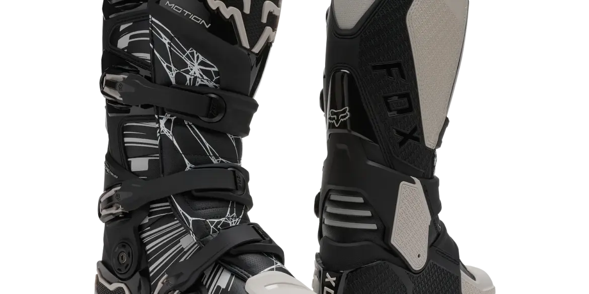 FOX Motion Diffuse Special Edition Motorrad-Boots, nebeneinander stehend, Front- und Rückansicht