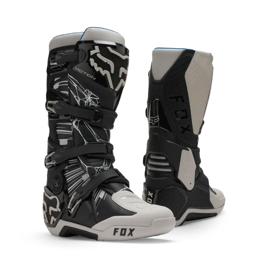 FOX Motion Diffuse Special Edition Motorrad-Boots, nebeneinander stehend, Front- und Rückansicht